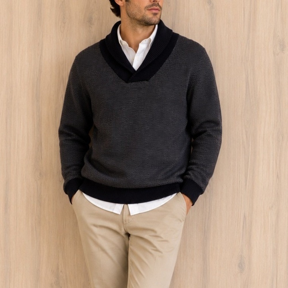 Mens Shawl Collar Sweater L‎ Black Gray Herringbone Knit Classic Preppy Heritage